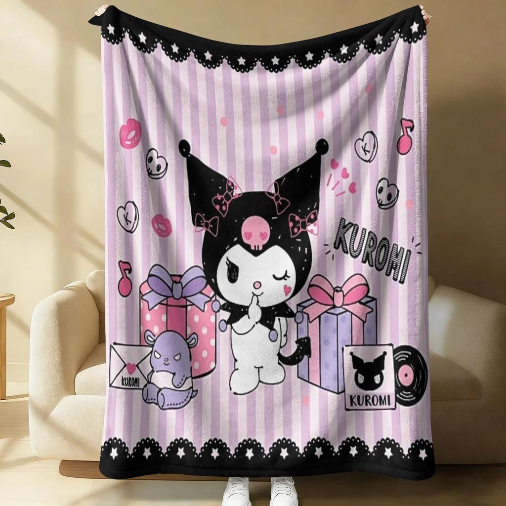 Gothic Sweet Kuromi Flannel Blanket Soft Warm Fluffy Throw Purple Strip Cute Sofa Bed Cover Office Nap Shawl Lightweight Blanket