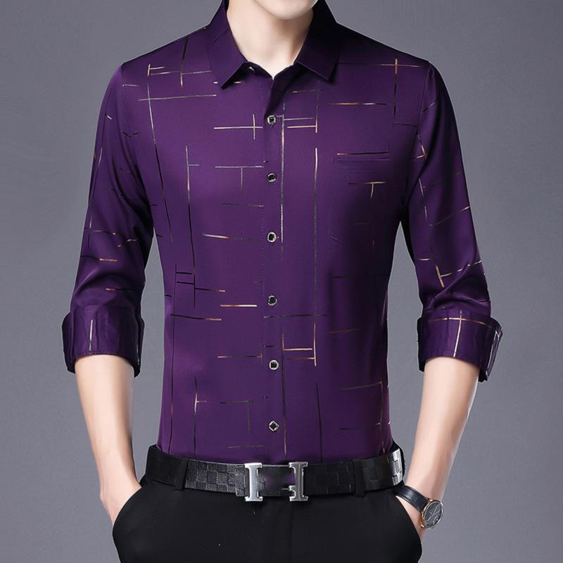 

Мужская рубашка поло из ледяного шелка с лацканами, летняя футболка в полоску для деловых мужчин XL фиолетовый