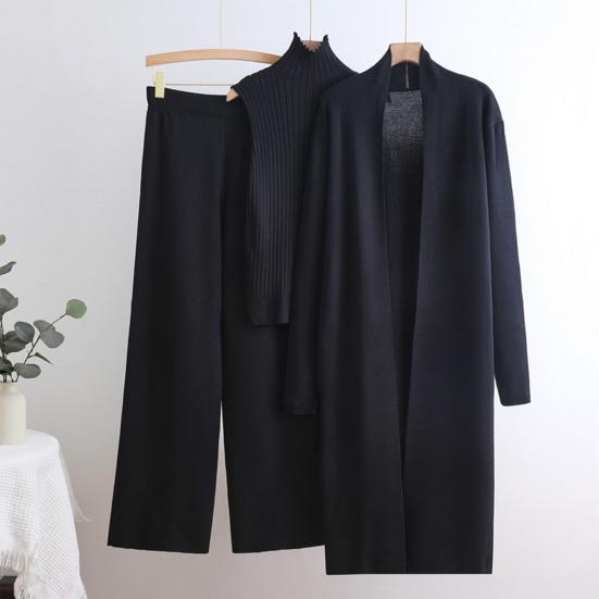 Women's Piece Cardigan Knit Lounge Set 3 Elastic Waist Wide Leg