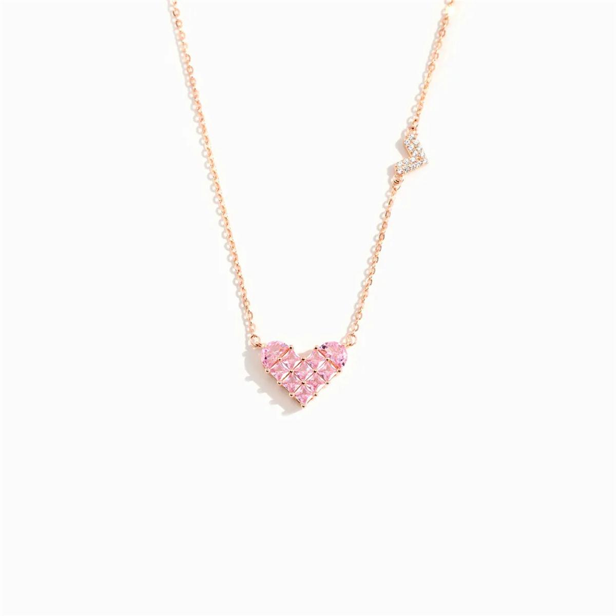 

Pink heart-shaped zircon necklace, sweet and lovely girl, plated with real gold for color preservation 38cm