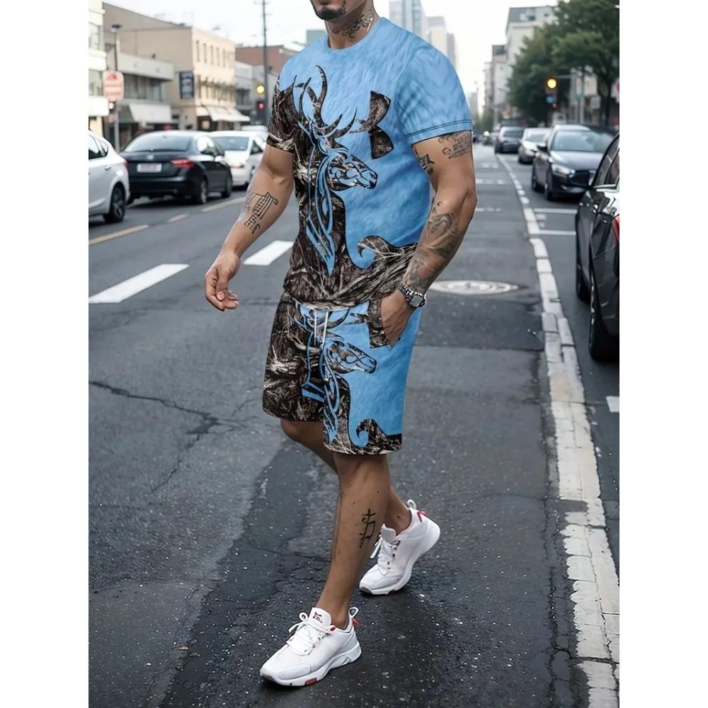 Summer Men Hip Hop Style Printed Men's Crew Neck T-shirt Shorts Set  Fashionable Cartoon Print Street Casual Everything