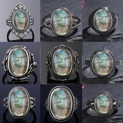 Anello per donna Anello ovale rotondo in labradorite naturale regalo Gioielleria di moda retrò a forma di sole
