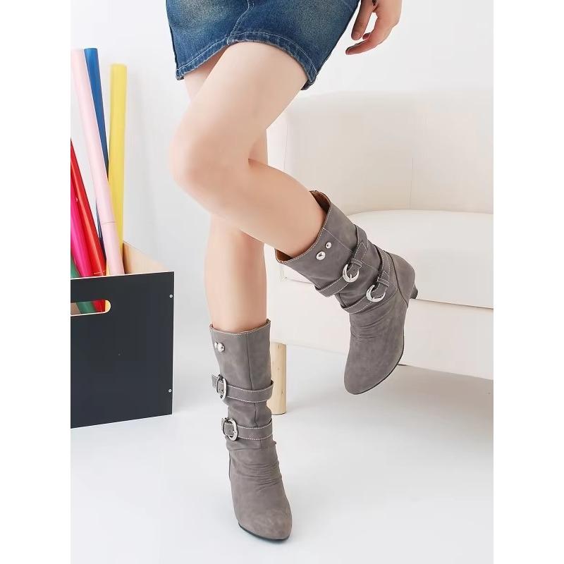 Modne Damskie Buty Na Grubej Podstawie Codzienne Okrągły Nosek Buty Jesień Zima Do Połowy Łydki Damskie Klamra
