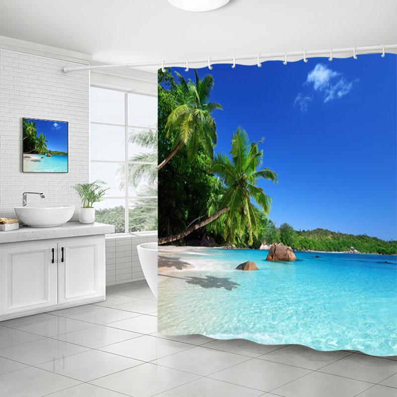 Shower Curtain Bathroom Fabric Non-Punching Beach Natural Scenery Digital Printing Shower Curtain With 12 Hooks