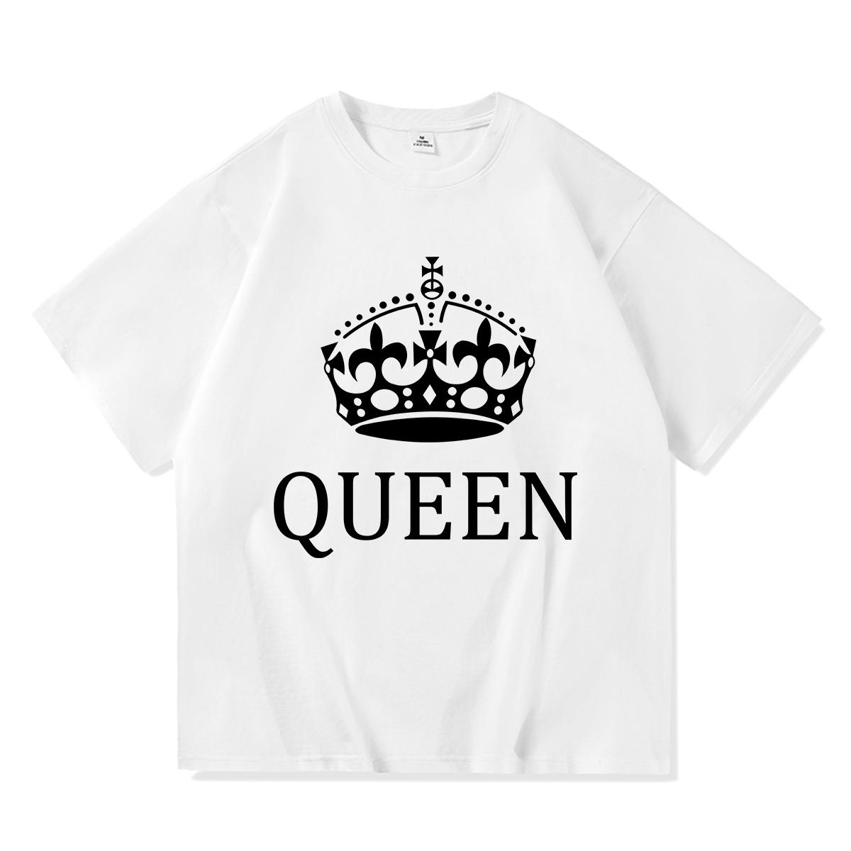 

2023 Повседневная летняя хлопковая футболка с принтом KING QUEEN, свободная футболка с короткими рукавами и круглым вырезом для влюбленных, женские и мужские топы, футболки S белый