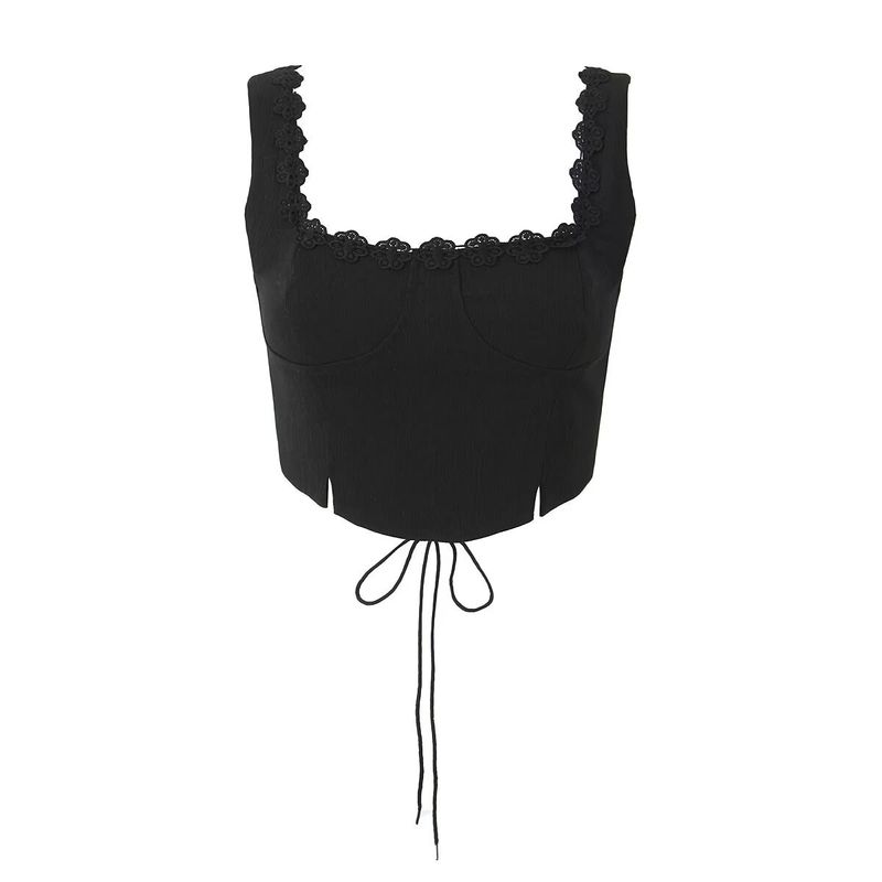 

Mesh Stitching Bow-Knot Pleated Skirt Flower lace small vest(High quality) S