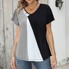 Women Color Block Print Loose Short Sleeve Casual Button T Shirt