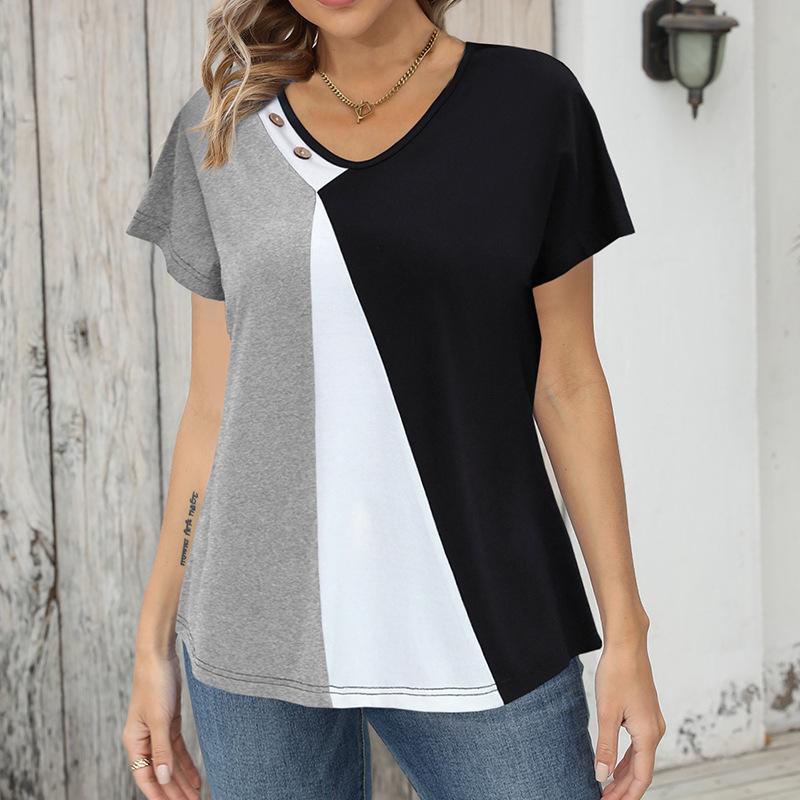 Women Color Block Print Loose Short Sleeve Casual Button T Shirt