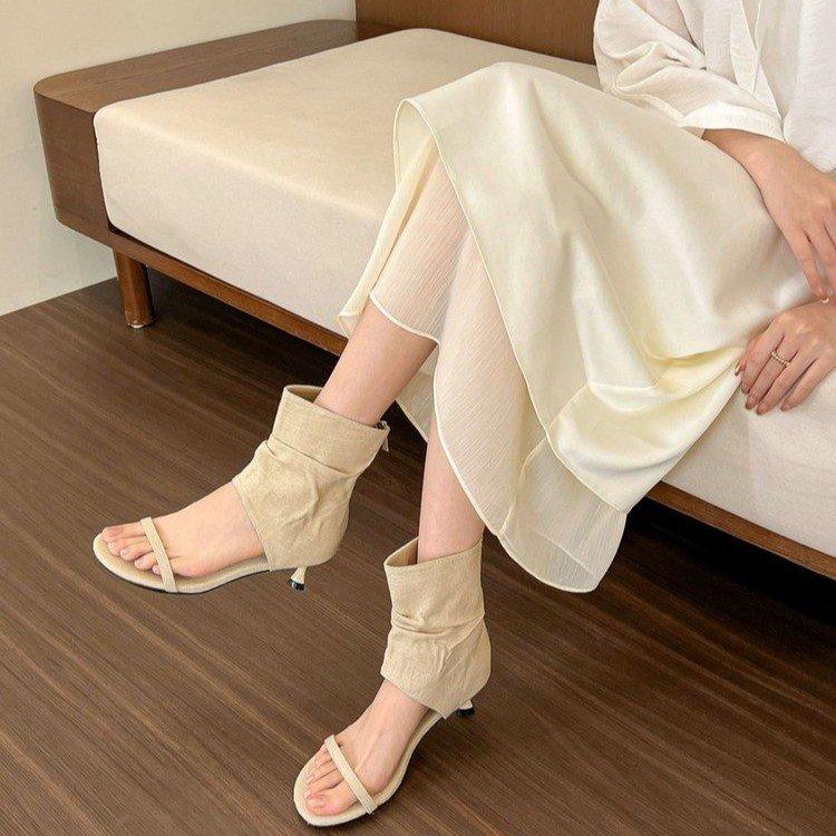 2025 New French Niche Trousers Boots High Heel Cool Boots Women's Summer Stiletto Sandals Medium Heel Roman Women's Shoes