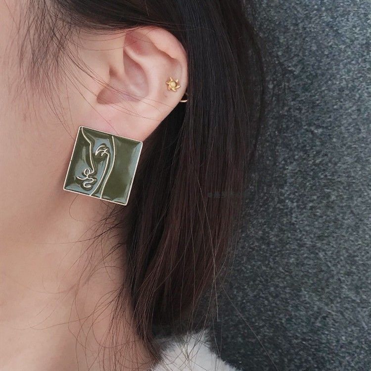 Personalized Color Dripping Oil Round Face Stud Earrings Geometric Square Men's and Women's Avatars Funny Abstract Earrings