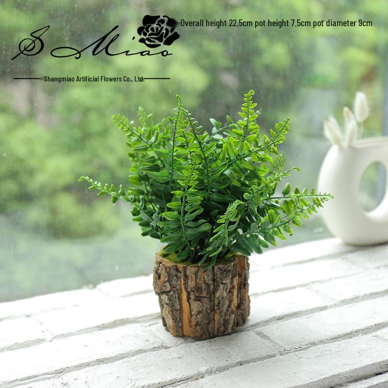 Creative Wooden Basin with Artificial Green Plant Bonsai Ornament for Display and Decoration.