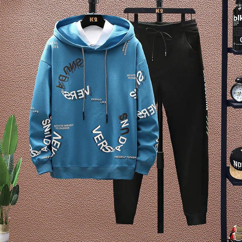 

Мужской пуловер, весенний пуловер с капюшоном и повседневные брюки, школьный трендовый свитер, спортивный костюм M тиффани синий