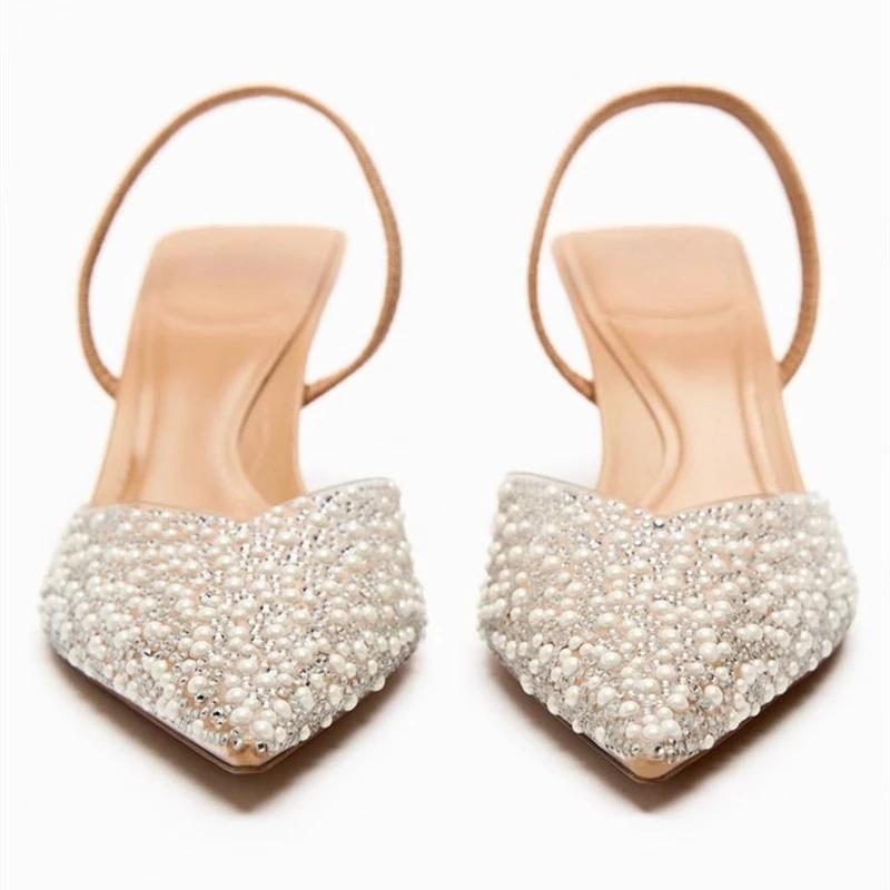 Mode Sommer Damen High Heels Sandalen Perlenverzierung Slingback Spitze Elegant Party Hochzeit Braut Damenschuhe