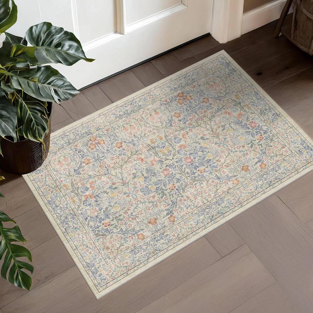 Dunkelgrüner Waschbarer Eingangsteppich Vor der Tür Läuferteppiche Innen Badezimmer Kleine Teppiche Vintage Floral Dünner Teppich für Küche Boho Dekor