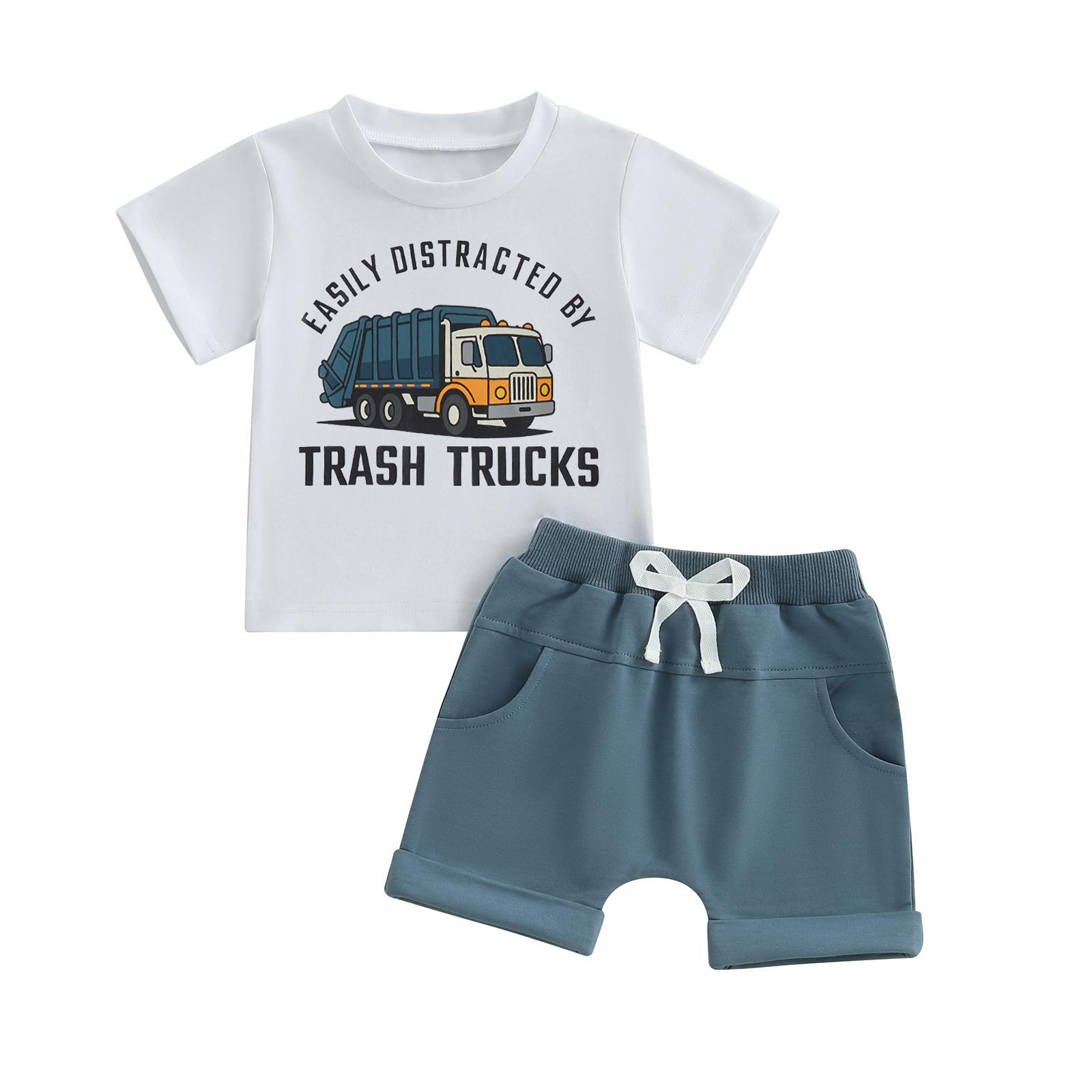 

Toddler Boys Summer Outfits Letter Garbage Truck Print Short Sleeve T-Shirts Elastic Waist Shorts 2Pcs Clothes Set 2-3Y белый