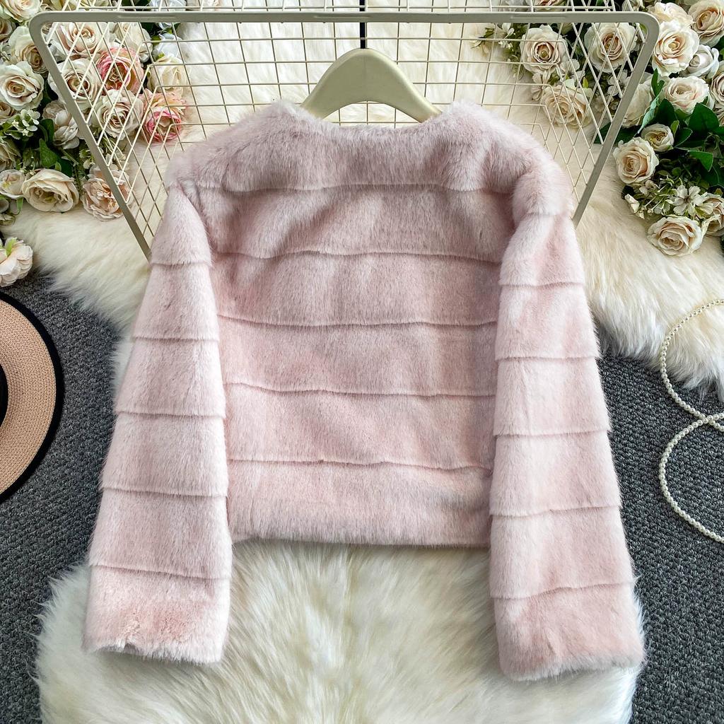 Autumn Winter Women Luxury Soft Mink Faux Fur Warm Short Jacket Diamond Button Single Breasted Christmas Outerwear Coat