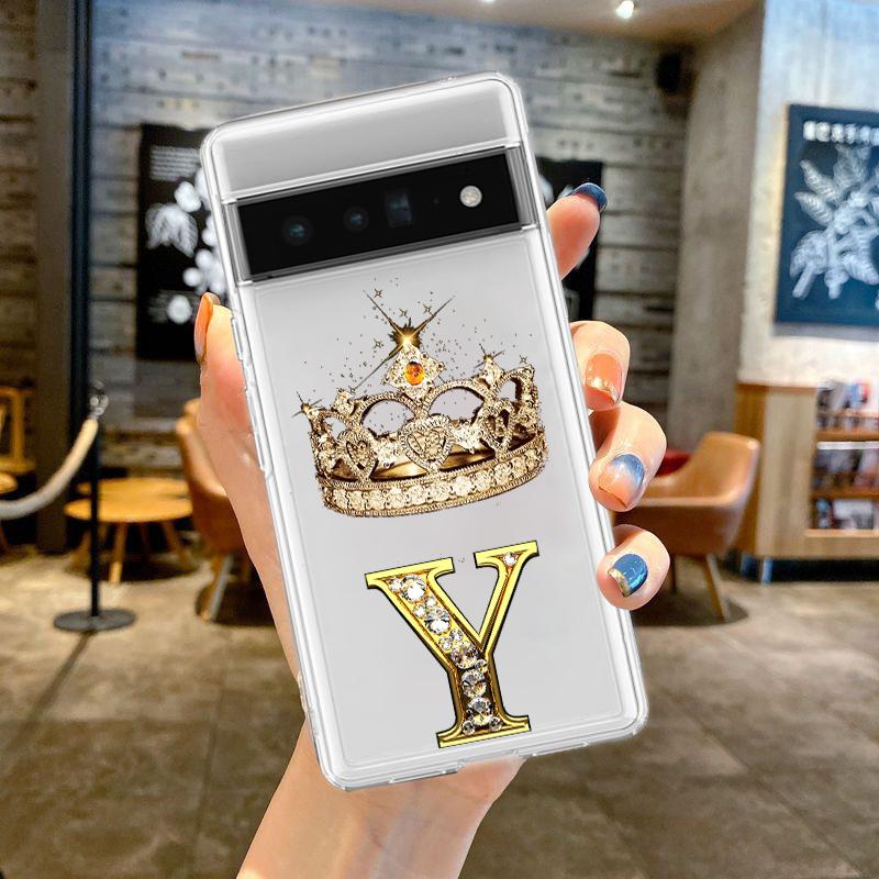 For Google Pixel 10 Pro 10A Phone Case Pixel 9 Pro XL Pixel 8 Pro 9A 8A 7A 7 6A 6 Pro Soft TPU Cover Diamond Crown Letter 26