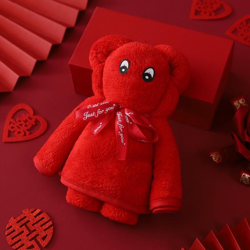 Coral Fleece Wedding Big Red Towel Wedding Happy Event Hand Towel Happy Character Pearl Bear Couple Red Towel
