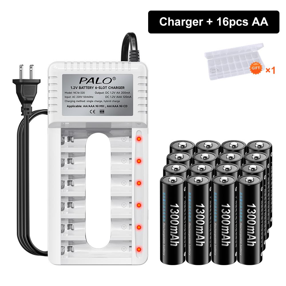 PALO Rechargeable Battery AA 1.2V Ni-MH Batteirse AA(HR6) 1300mAh and AAA(HR03) 600mAh NI-MH 2A/3A Rechargeable Batteries+6-slot charger
