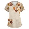 Women's V-Neck Short Sleeve Scrub Top with Pockets, Fall Leaves Print, Work Uniform