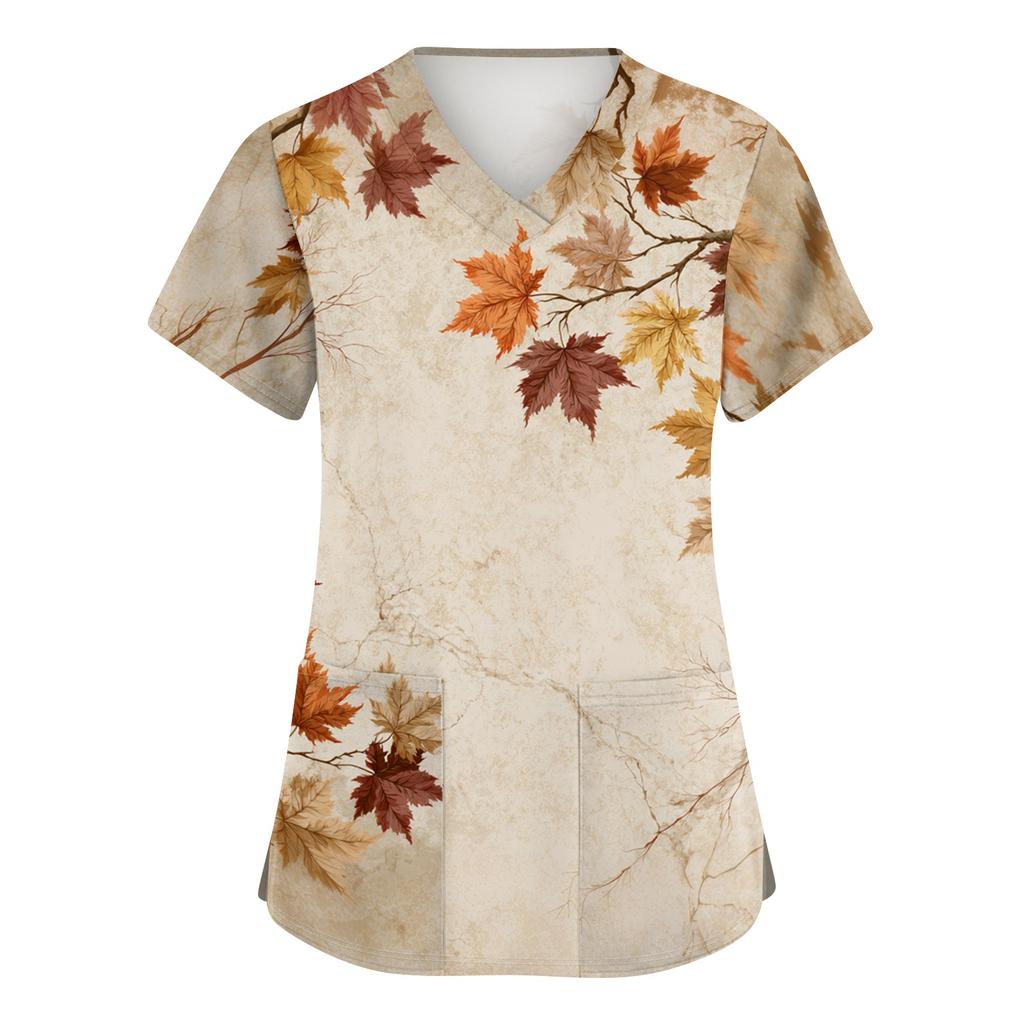 Women's V-Neck Short Sleeve Scrub Top with Pockets, Fall Leaves Print, Work Uniform