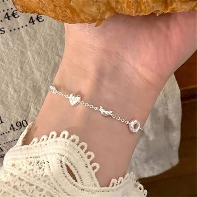 Damen Sterling Silber Brot Herz Croissant Armband Halskette
