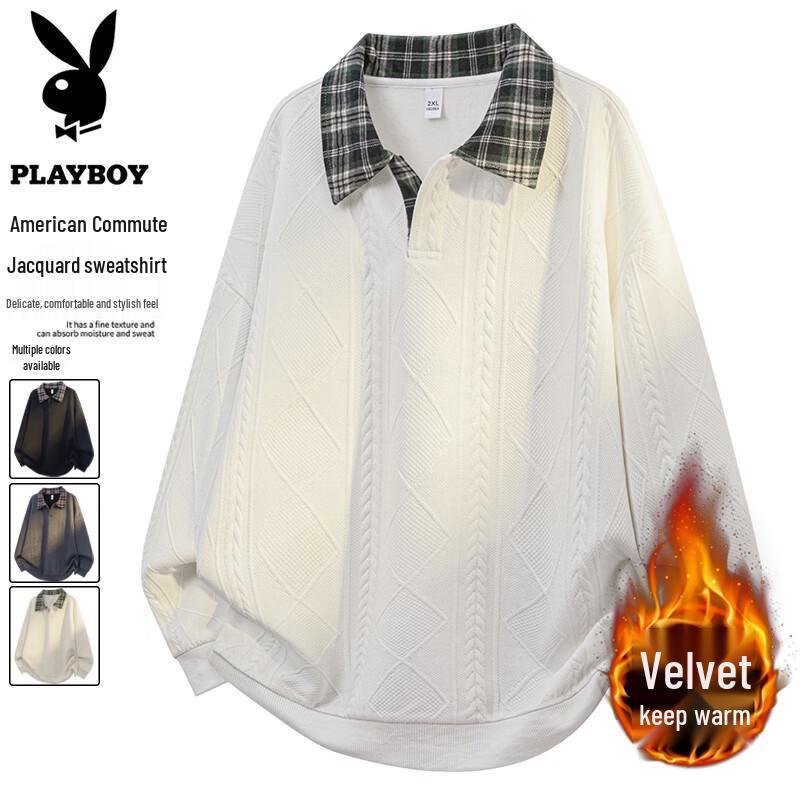 PLAYBOY Men's Oversized Plaid Patchwork Polo Sweatshirt