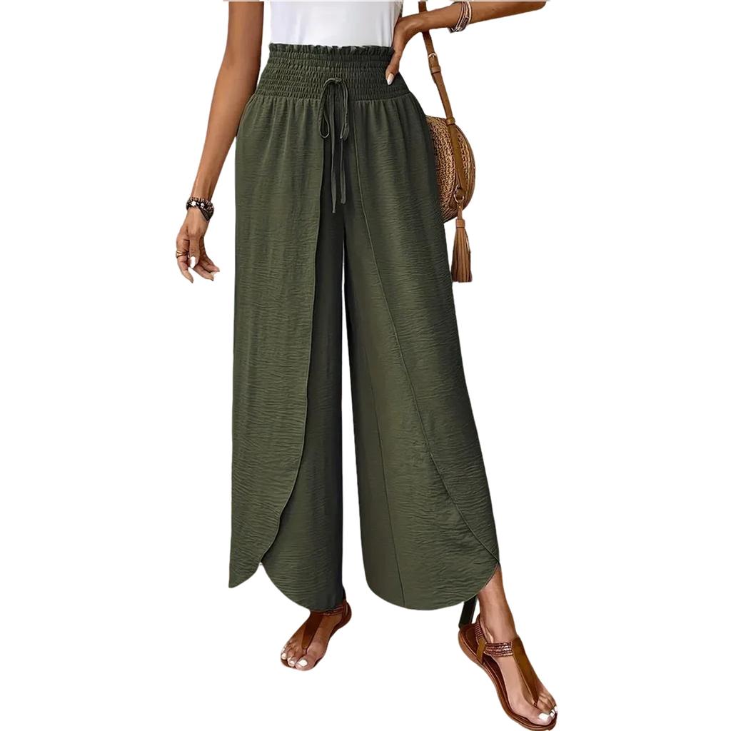 Women's Elastic Waist Irregular Hem Wide Leg Casual Pants Solid Color Loose Straight Pants