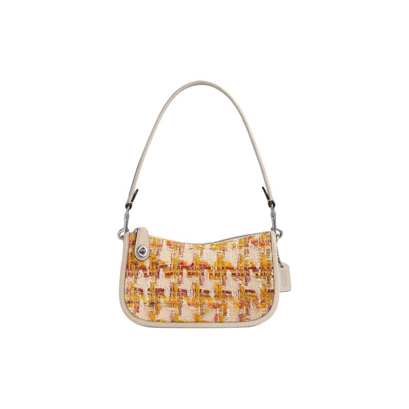

COACH Swinger 20 top zip closure tweed and glove-tanned leather tote shoulder bag small women s silver and unisex multicolor срібний