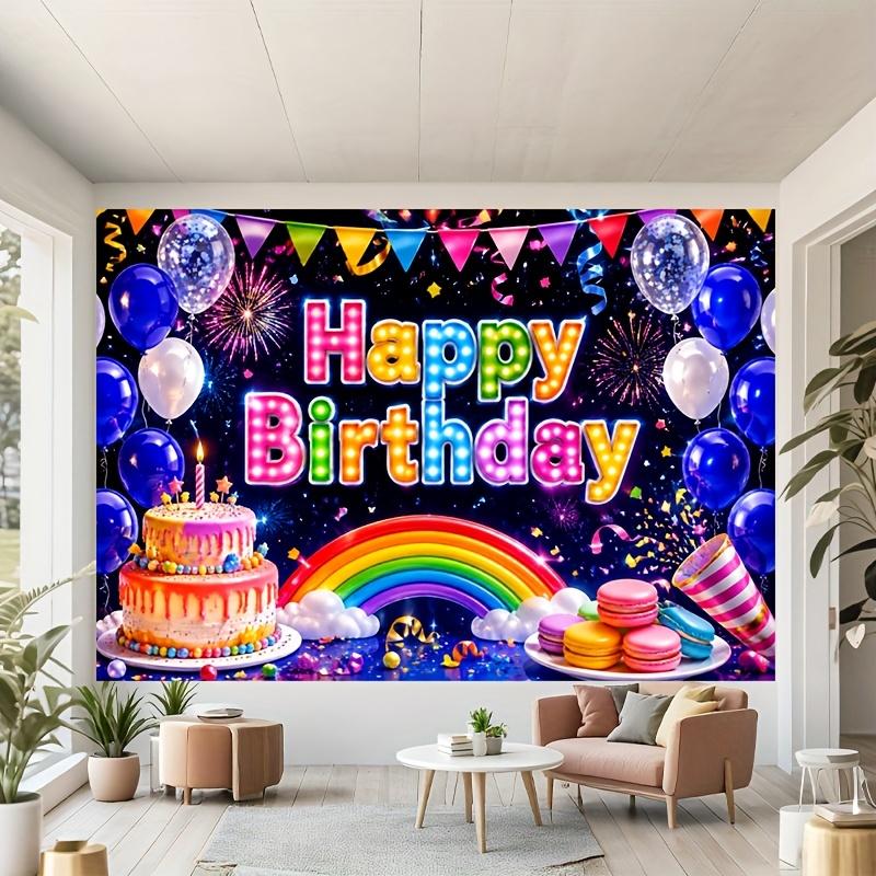 Vibrant Rainbow Arch with Glossy Balloons, Glittering Fireworks, Tiered Drip Cake and Colorful Macarons, Happy Birthday Banner Backdrop