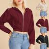 Women Casual Corduroy Zip-Up Pocket Shirt Hooded Sweatshirt Cropped Jacket