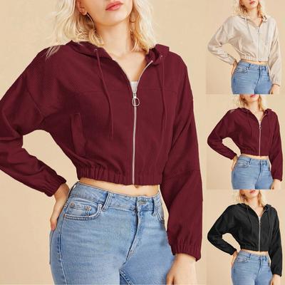 Women Casual Corduroy Zip-Up Pocket Shirt Hooded Sweatshirt Cropped Jacket