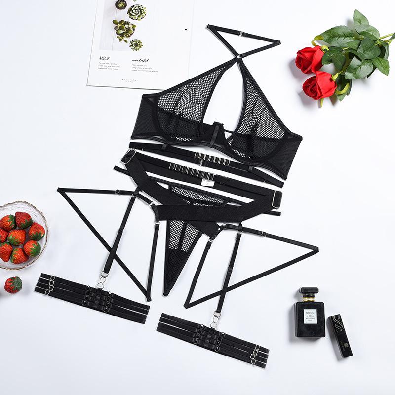 Aduloty Ladies Sexy Lingerie Mesh Hollow Perspective Thin Section Summer Erotic Underwear Underwire Hanging Neck Sling Bra Set