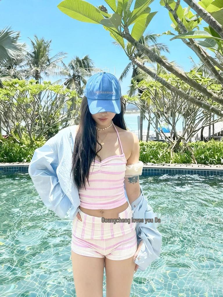Koreansk Blårandig Halter Bikini - Hög Midja, Sexig Varmvattenkälla Badkläder