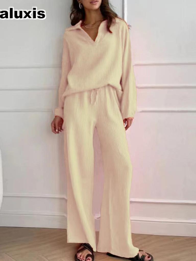 Elegant Women's Casual Loose Set Women Long Sleeve Top + Drawstring Pants Outfit Autumn Winter Two Piece Suit