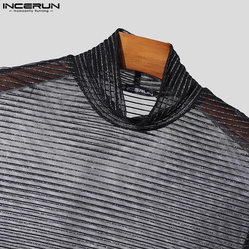INCERUN Herren Rollkragen Langarm Glitzer Mesh Durchsichtiges T-Shirt See Through Tops