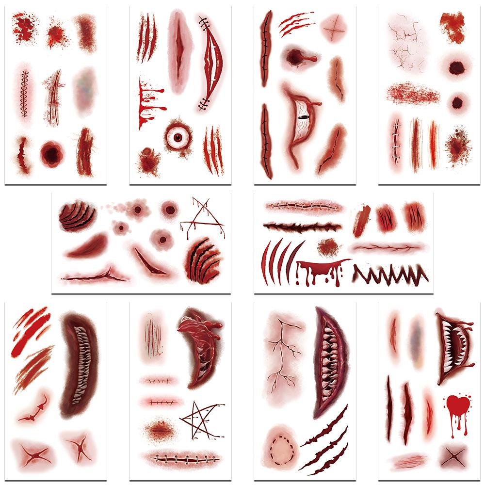 

10 листов наклеек на шрамы на Хэллоуин для рук, лица, тела, временные водонепроницаемые поддельные татуировки, детские креативные праздничные подарки