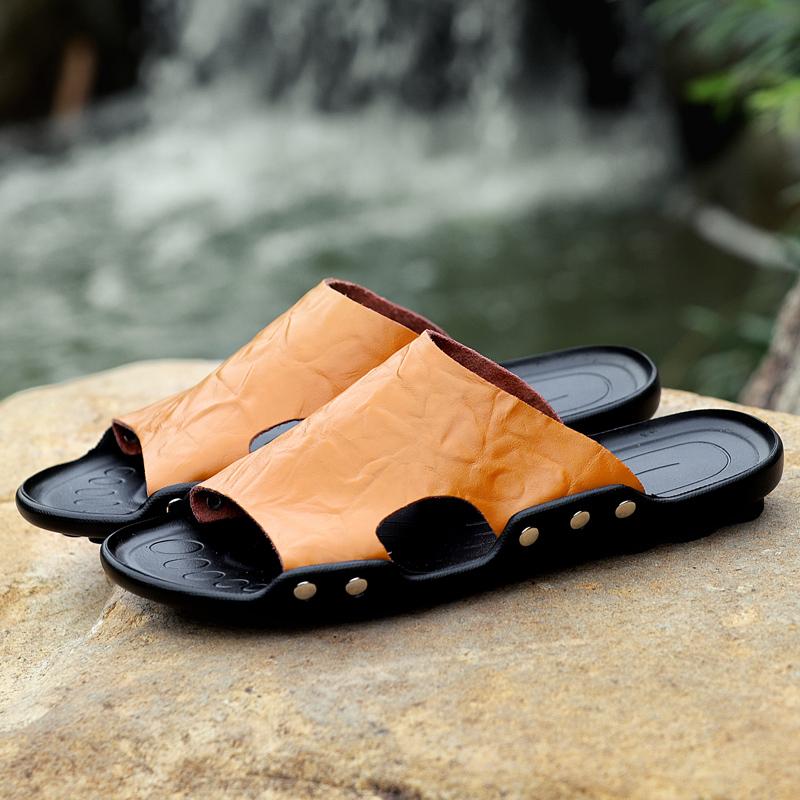 Fashion High Quality Slippers Men Genuine Leather Luxury Brand 2024 New Beach Flats Summer Casual Flip Flops Outdoor Slides for Men