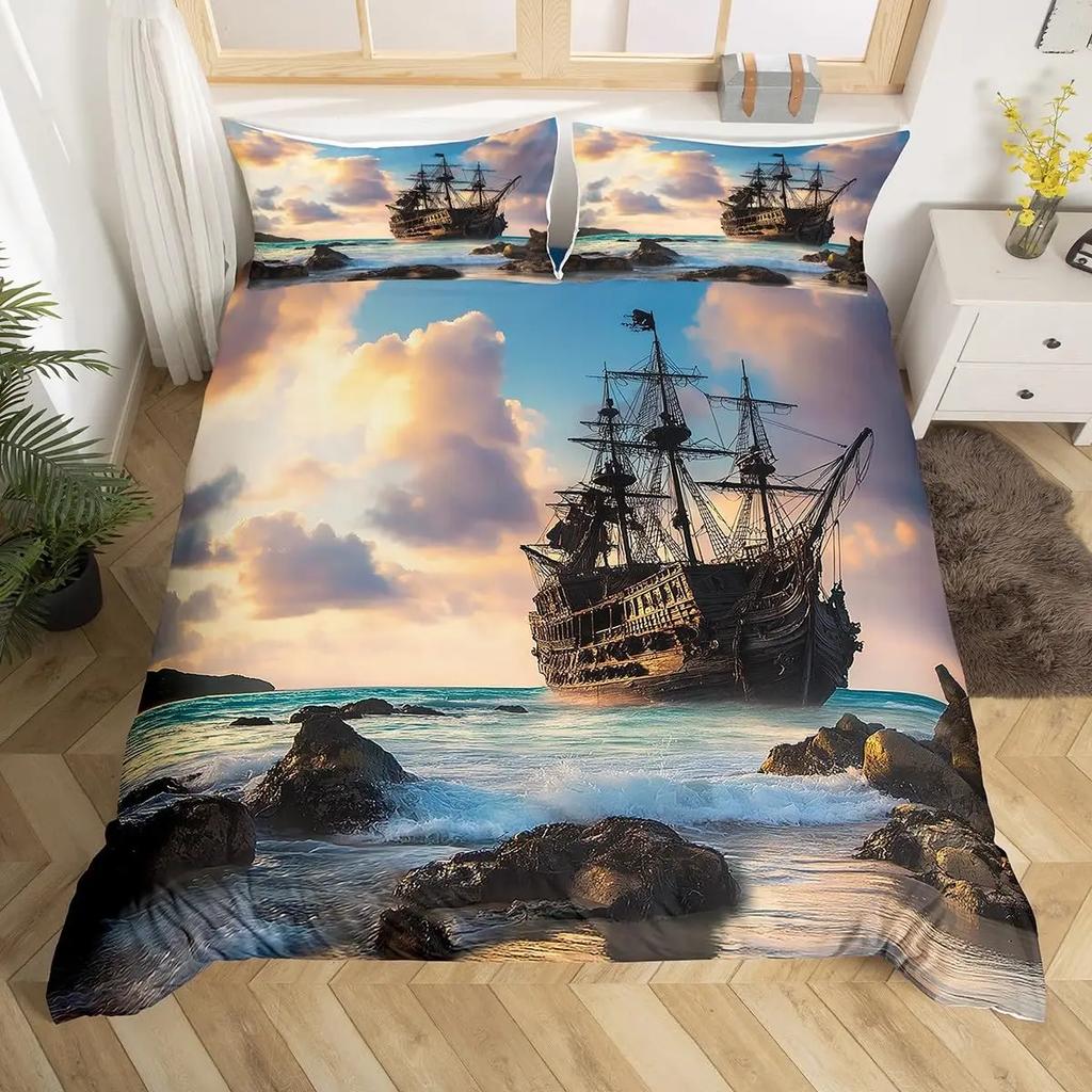 Sailboat Bedding Set Sailing Ship Comforter Cover Ocean Wave Nautical Duvet Cover For Kids Boys Girls Cartoon Ship