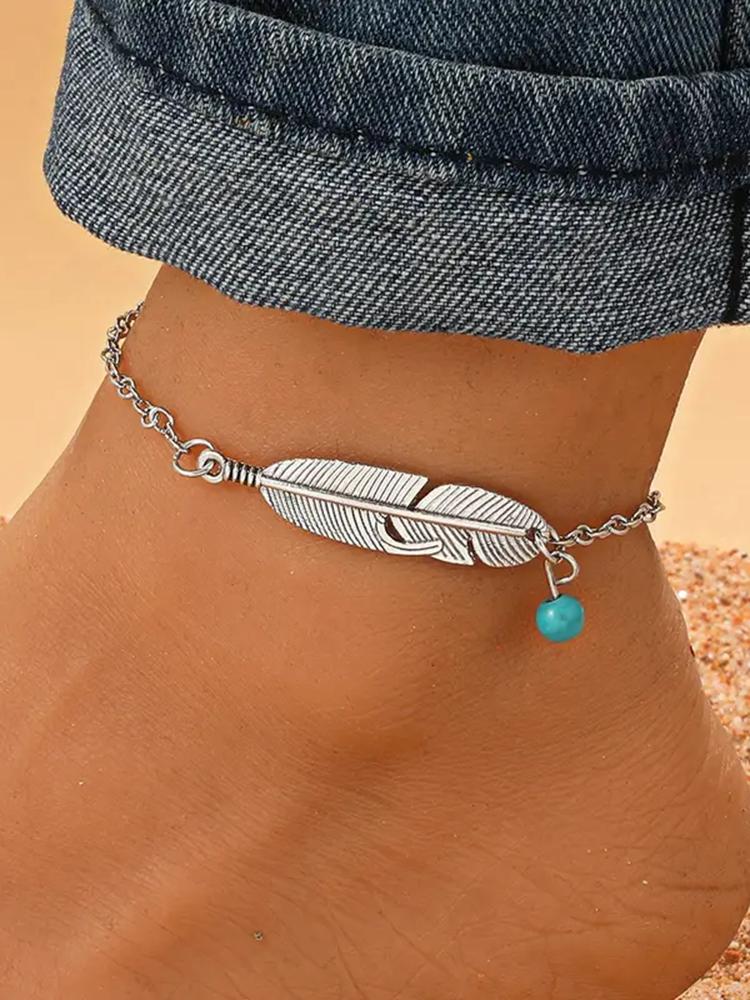 

Ethnic Antique Silver Plated Feather Anklet Boho Imitation Turquoise Beads Charm Ankle Bracelets Summer Jewelry серебряный