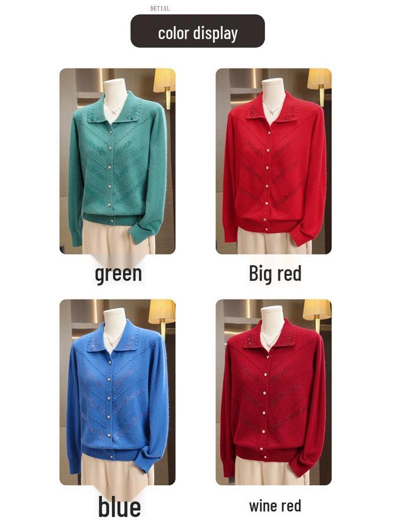 Elderly Women's Pure Wool Knitted Cardigan, Loose Plus Size Outerwear for Spring and Autumn