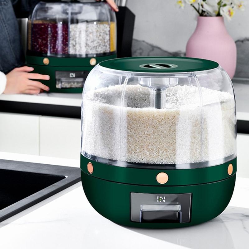 Household Grains Storage Container with 6 Unit Convenient Dry Cereal Organizers Bucket Sealed Rotating Rice Dispenser