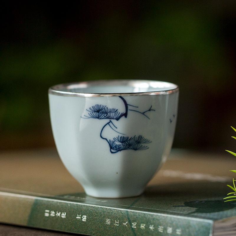 

Antique Glaze Blue and White Hand-painted Silver Teacup Gongfu Tea Sets Small Master Cups Household Drinking Utensil Accessories 60ML