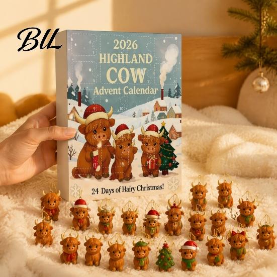 Festliche Partyartikel Hochlandkuh Weihnachtskalender mit 24 Acryl-Anhängern, Countdown-Geschenk für Box Weihnachtsbaum-Hängedekoration Und