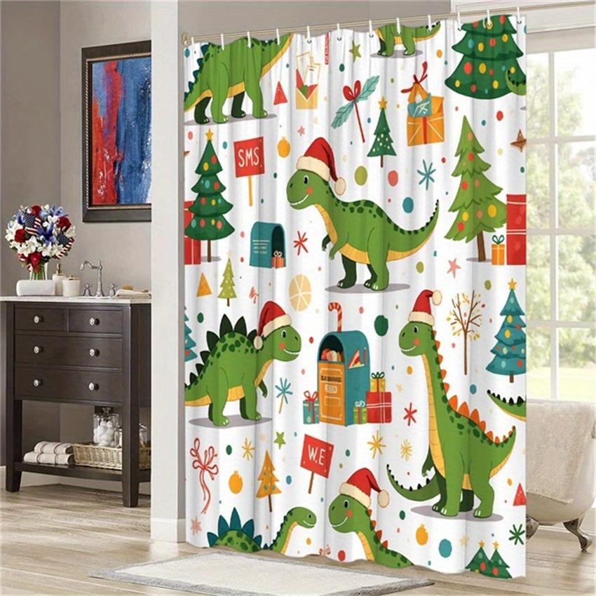 1pc Dinosaur Christmas Shower Curtain - Santa Hats, Gifts, Trees & Snowflakes, Green Dinosaurs, 70.8x70.8",  Washable Polyester
