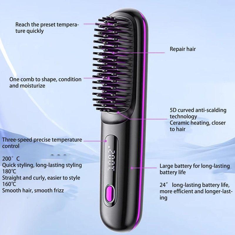 Adjustable Temperature Hair Brush Portable Wireless Charging Hair Straightener with Fast Heating Negative Ions for Fluffy Curly