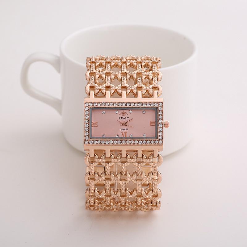 hot! REALY Women's Quartz Diamond Case Alloy Bracelet Square Watch with Super Thin Hollow Strap