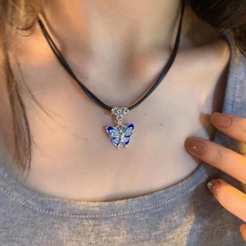 Y2K Vintage Butterfly Pendant Choker  Personality Pu Leather Rope Necklace Jewelry Gifts