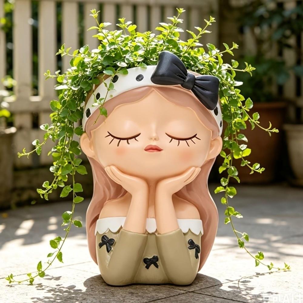 Resin Fairy Flowerpot Nordic Style Bonsai Vase Girl Statue Girl Face Planter Pot Balcony