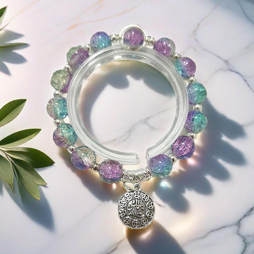 Braccialetto in Vetro Fiore Esplosione Fantasy da 10 mm: Ciondolo Farfalla Colore Degradé Design di Nicchia per Donne e Migliori Amiche.